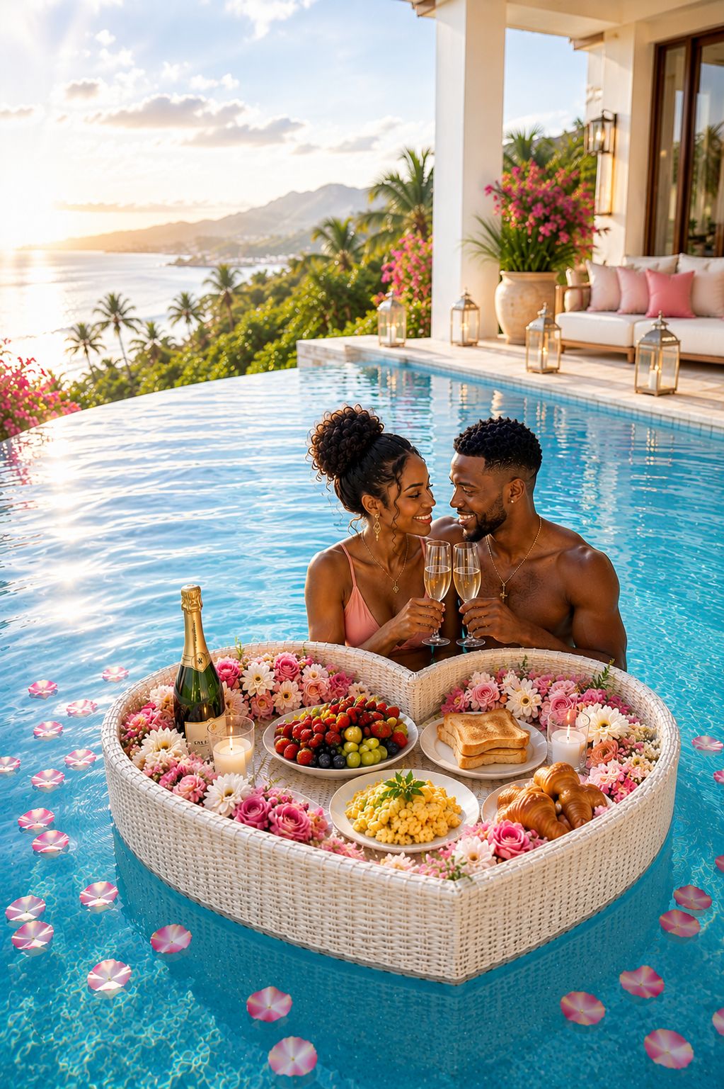 Guests enjoying a floating brunch in the pool